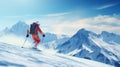 Thrilled skier descends alpine slope amidst stunning landscape and blue sky, with ample text space