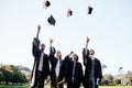 Thrilled about their new milestone. a group of students throwing their hats in the air on graduation day. Royalty Free Stock Photo