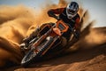 A thrilling action shot of a motorcycle rider, turn on sand terrain, dust trailing behind