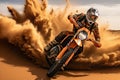 A thrilling action shot of a professional enduro motorcycle rider, turn on sand terrain