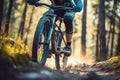 Thrilling Adventure Cyclist Riding Mountain Bike in the Enchanting Forest Landscape. created with Generative AI