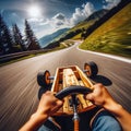 Thrilling drive down winding road, on a go-cart, seen from driver\'s viewpoint