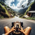 Thrilling drive down winding road, on a go-cart, seen from driver\'s viewpoint