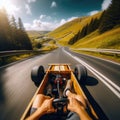 Thrilling drive down winding road, on a go-cart, seen from driver\'s viewpoint