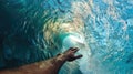 Thrilling first person view of surfing inside a barrel wave adventure Royalty Free Stock Photo