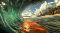 Thrilling first person view of surfing inside a wave barrel at a tropical beach Royalty Free Stock Photo