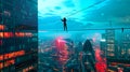 Thrilling Highwire Walk Over Illuminated Futuristic Cityscape. A Daring Stunt Above Urban Glow. Adventure in a Neon