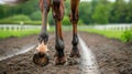 Thrilling horse race betting with close up view of competitive galloping hooves in action