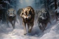 A thrilling image of a pack of wolves running together in a snowy forest, A pack of wolves hunting in the snowy forest, AI Royalty Free Stock Photo