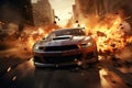 Thrilling and intense moment of a realistic car chase through a cityscape with explosions adding to the chaos. Convey a sense of