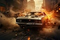 Thrilling and intense moment of a realistic car chase through a cityscape with explosions adding to the chaos. Convey a sense of