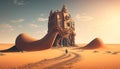 A thrilling journey through the desert leads to a mysterious building in an evocative illustration