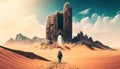 A thrilling journey through the desert leads to a mysterious building in an evocative illustration