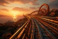 Thrilling loops, sunset backdrop, roller coaster\'s hair-raising spectacle