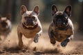 Ai Generative French bulldogs running in a race, selective focus on the dog