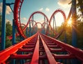 Thrilling red roller coaster track dominates amusement park scene under bright sunny sky. Complex structure of loops, drops Royalty Free Stock Photo