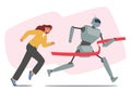 Thrilling Robot And Human Race Competition, Futuristic Machine And Determined Female Character Sprint Side By Side