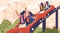 Thrilling Screams Echo As Characters On Roller Coasters Experience Exhilarating Loops And Drops, Vector Illustration