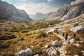 A thrilling shot of a group of hikers trekking through the rugged terrain of a Croatian national park, with majestic mountains in