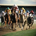 A thrilling shot of jockeys and their horses thundering past the finish line at a racetrack