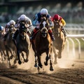 A thrilling shot of jockeys and their horses thundering past the finish line at a racetrack