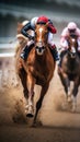 A thrilling shot of jockeys and their horses thundering past the finish line at a racetrack