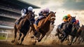 A thrilling shot of jockeys and their horses thundering past the finish line at a racetrack