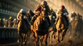 The Thrilling World of Horse Racing. Jockeys on the Fast Track of the Racecourse. Generative AI Royalty Free Stock Photo