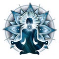 Throat chakra meditation in yoga lotus pose, in front of Vishuddha chakra symbol.