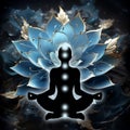 Throat chakra (Vishuddha) meditation in yoga lotus pose, in front of blue lotus flower. Royalty Free Stock Photo