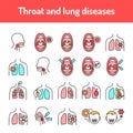 Throat and lung diseases color line icons set. Pictograms for web page, mobile app, promo