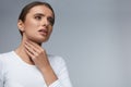 Throat Pain. Beautiful Woman Having Sore Throat, Painful Feeling Royalty Free Stock Photo