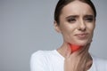 Throat Pain. Beautiful Woman Having Sore Throat, Painful Feeling Royalty Free Stock Photo