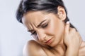 Throat Pain. Closeup Of Sick Woman With Sore Throat Feeling Bad, Suffering From Painful Swallowing. Beautiful Girl Touching Neck Royalty Free Stock Photo
