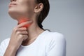 Throat Pain. Closeup Woman With Sore Throat, Painful Feeling Royalty Free Stock Photo