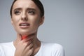 Throat Pain. Ill Woman Having Sore Throat, Painful Feeling Royalty Free Stock Photo