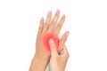 Throbbing pain in palm of Asian young man. Concept of cellulitis Royalty Free Stock Photo