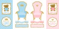 Throne chair for princess and prince. Set of cute elements of design for royal gender reveal party. Royalty Free Stock Photo