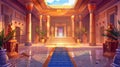 The throne room in an ancient Egyptian temple. A modern cartoon illustration depicts hieroglyphs on stone walls, anubis Royalty Free Stock Photo