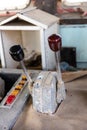 Throttle levers close-up in a wheelhouse of the abandoned, old cargo ship, inside view