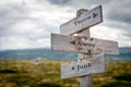 throw away junk text engraved on old wooden signpost outdoors in nature