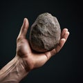 Throw the first stone, a man holds a stone prepared to throw but his face is carved into it. AI Generated.