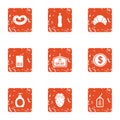 Throw off price icons set, grunge style