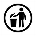 Throw the trash into the bin sign. Tidy man throws garbage in the trash bin signs. Keep clean please icon