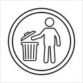 Throw the trash into the bin sign. Tidy man throws garbage in the trash bin signs. Keep clean please icon