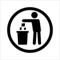 Throw the trash into the bin sign. Tidy man throws garbage in the trash bin signs. Keep clean please icon