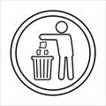 Throw the trash into the bin sign. Tidy man throws garbage in the trash bin signs. Keep clean please icon