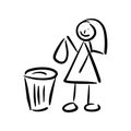 Throwing garbage black doodle icon. Cute girl do not litter symbols, keep clean and dispose of carefully and Royalty Free Stock Photo