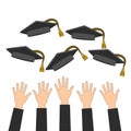 Throwing hands graduation hats on white, stock vector illustration