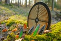 Throwing knives and a target for throwing in a sunny forest.Sport and hobby. metal knives for throwing.Outdoor sports